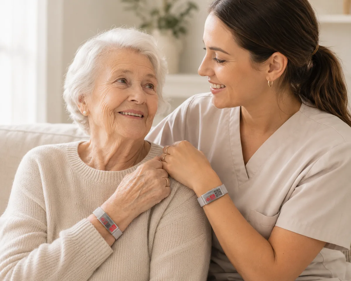 Carer and elderly mother on sofa, both wearing mi-SOS wristbands