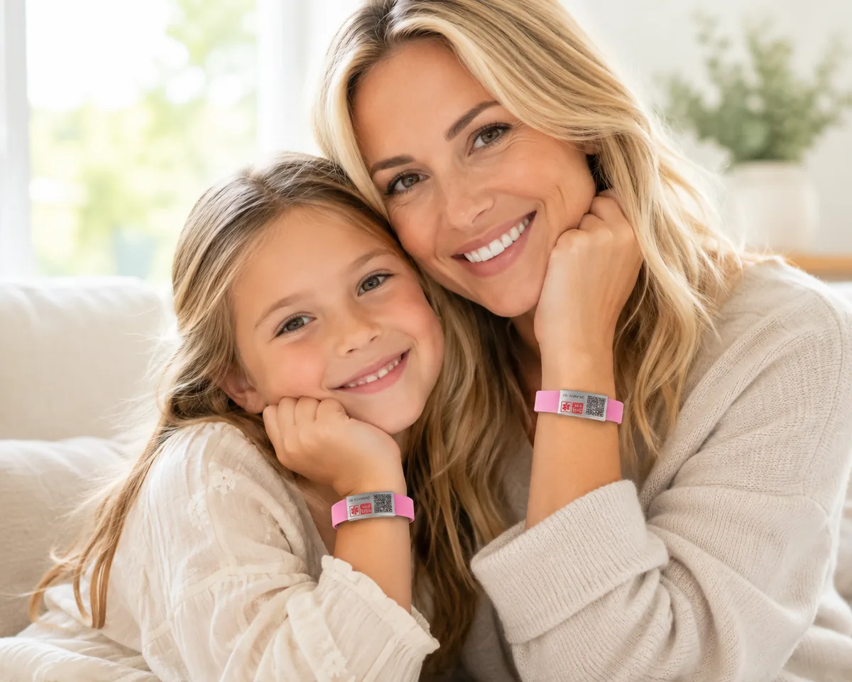 Mother and daughter wearing matching pink mi-SOS QR wristbands