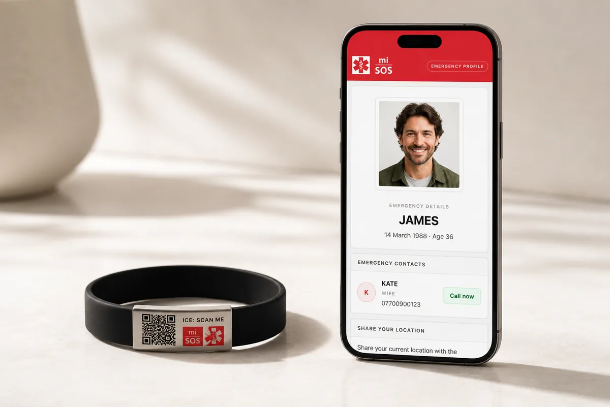 mi-SOS band next to a phone showing the emergency profile in the mi-SOS app