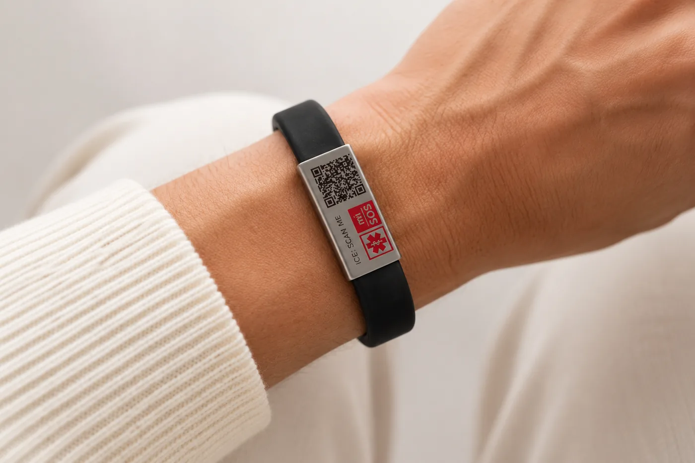 mi-SOS band worn on a wrist, showing the ICE-SCAN ME QR plate